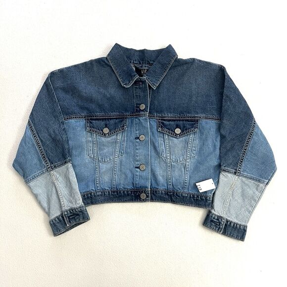 NWT Gap Kids Teen Girls Dolman Cropped Blue Color Block Denim Jean Jacket 12 XL - Picture 2 of 11